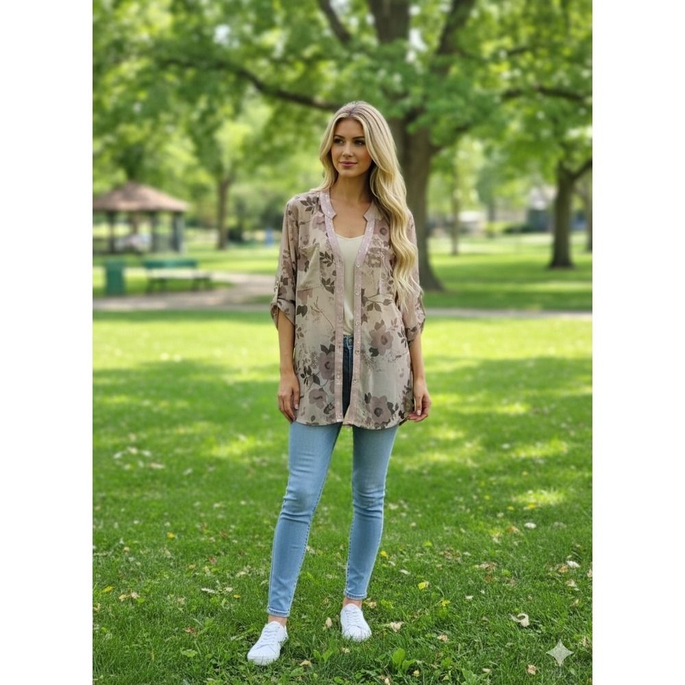 Flora Ashley Floral Sheer Cardigan L‎ Large Kimono Blouse Sequin Trim